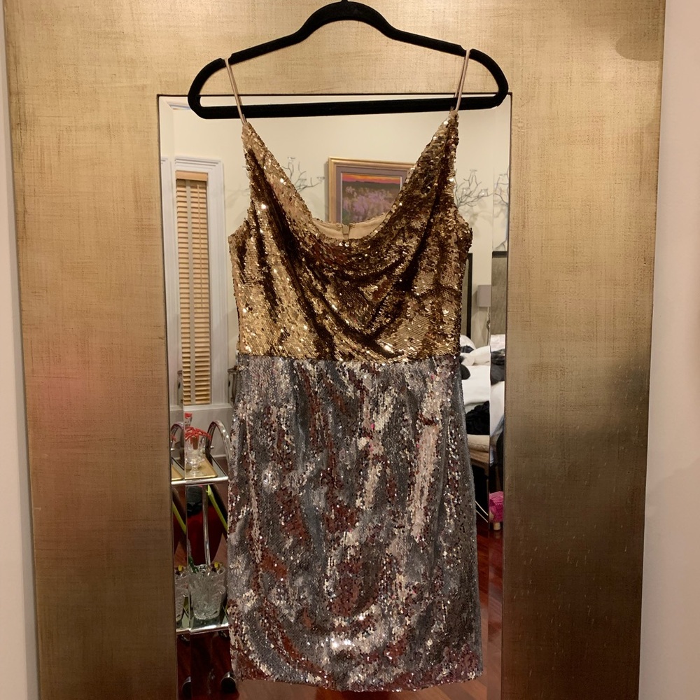 NWOT Black Halo silver and gold sequin dress